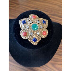 Vogue Jlry gold tone multi-colored cabochon and rhinestone brooch vintage